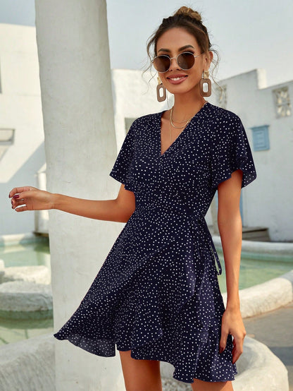Rotes Sommerkleid mit Punkten Volants Kurz