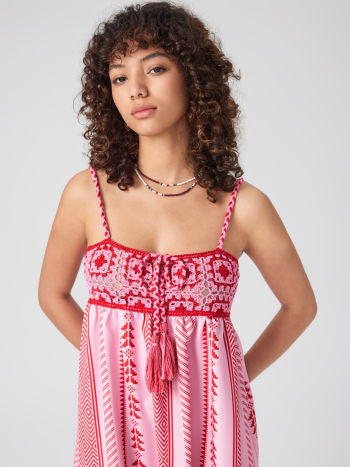 Damen Maxikleid Ethno Muster Träger Schlitz