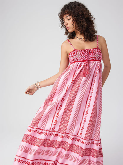Damen Maxikleid Ethno Muster Träger Schlitz