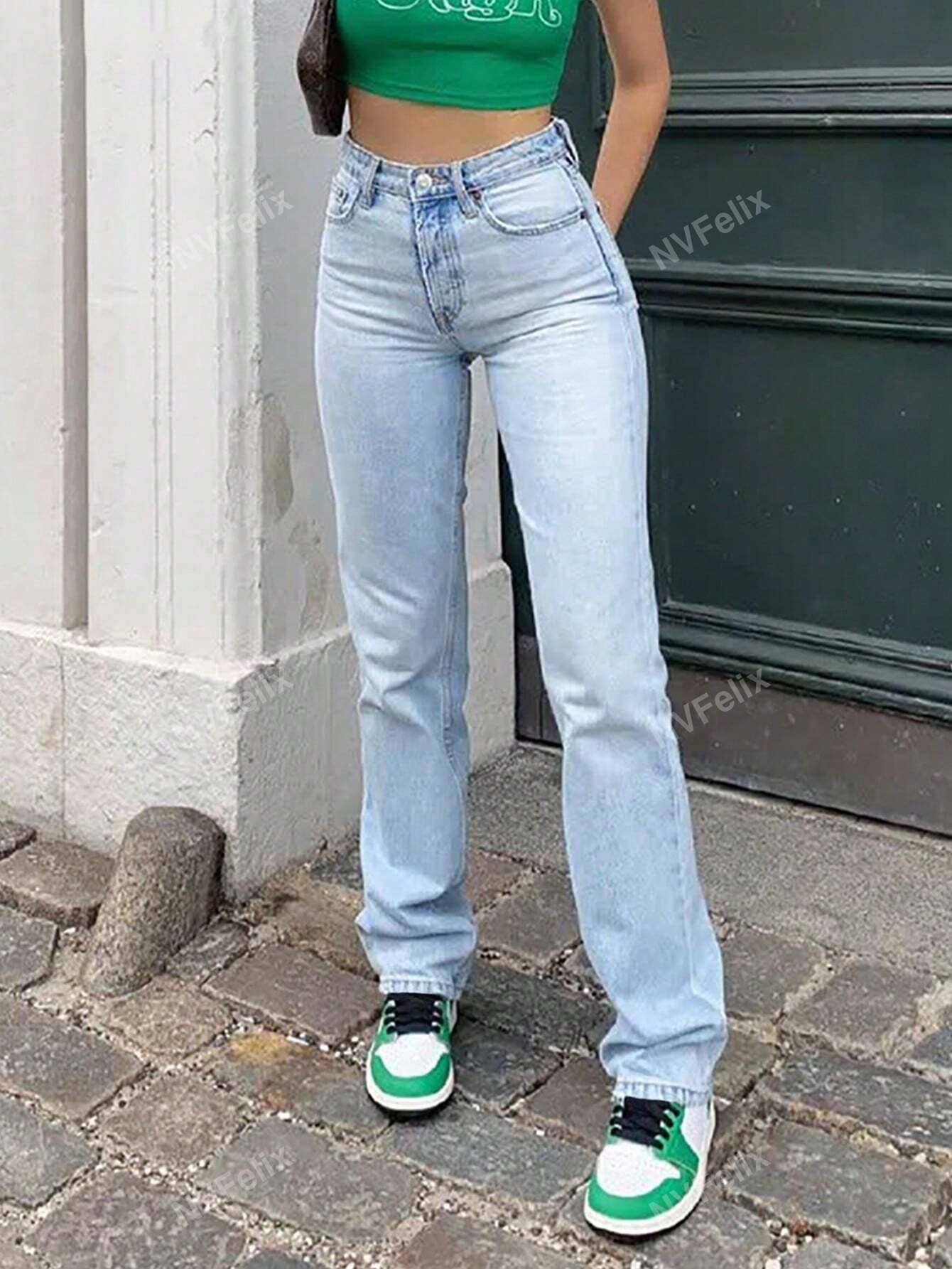 Hohe Taille Jeans Straight Leg Damen Modern