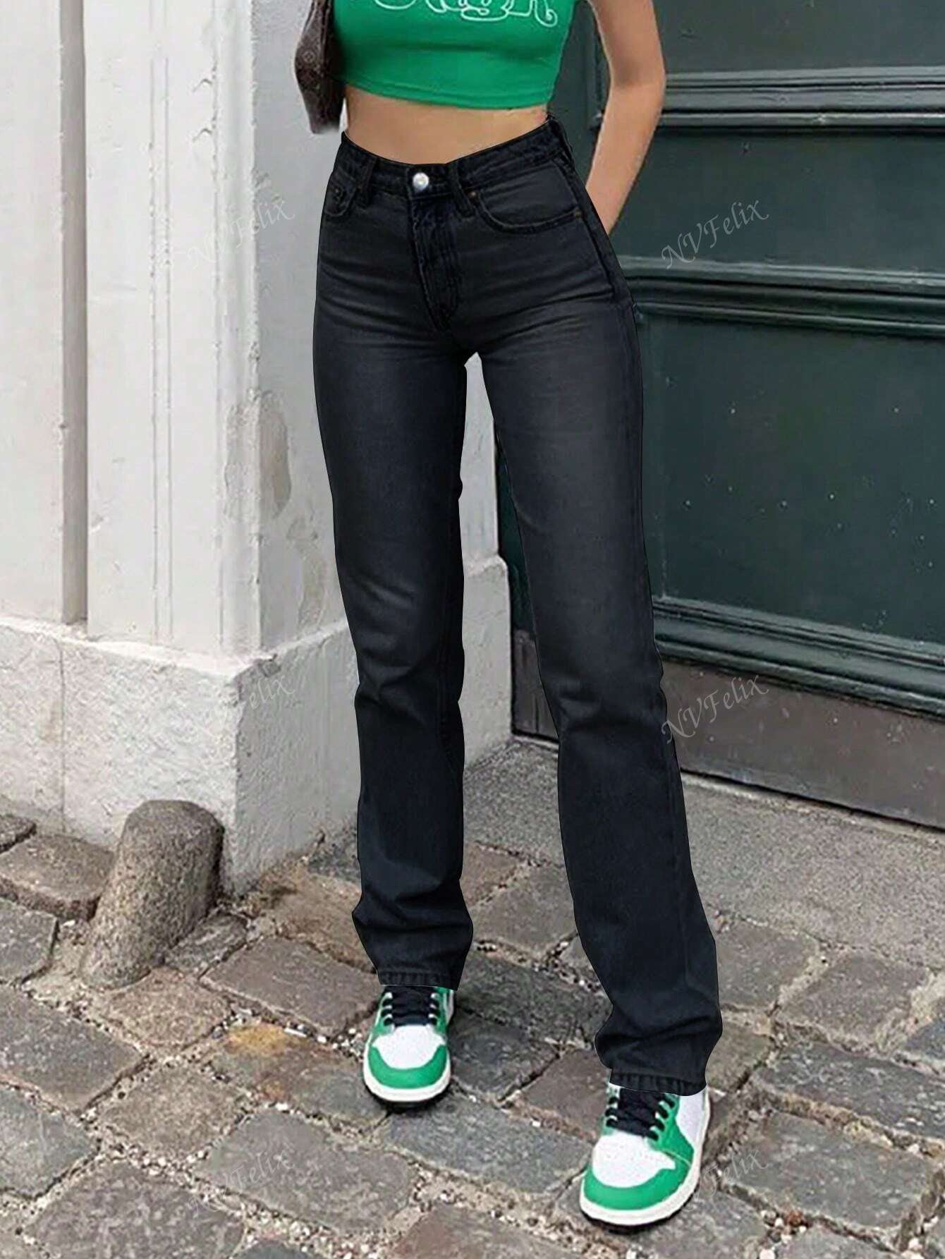Hohe Taille Jeans Straight Leg Damen Modern