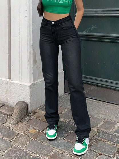 Hohe Taille Jeans Straight Leg Damen Modern