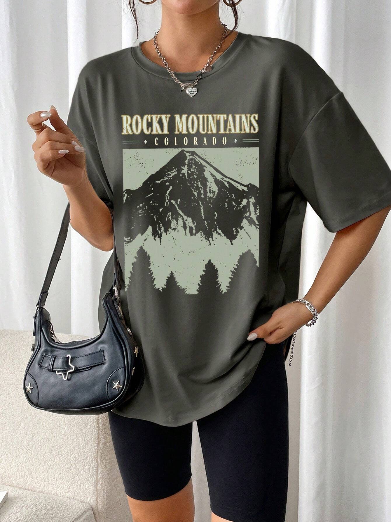 Großes T-Shirt Rocky Mountains Vintage Schwarz Urban Style