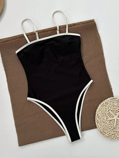 Schwarzer Damen Badeanzug Einteiler Hochbein Sportlich