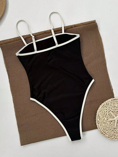 Schwarzer Damen Badeanzug Einteiler Hochbein Sportlich