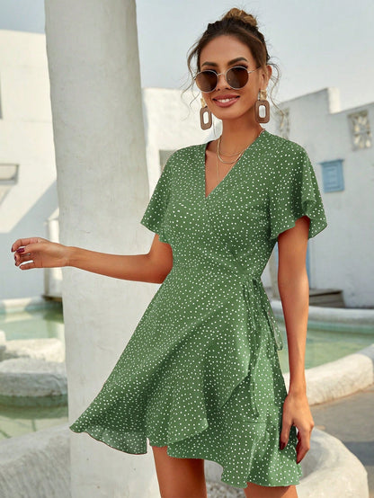 Rotes Sommerkleid mit Punkten Volants Kurz