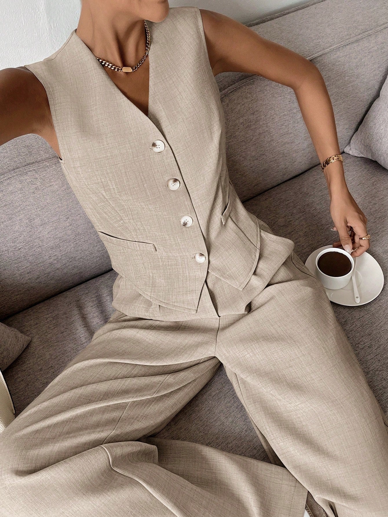 Damen Leinenanzug Set Gilet und weite Hose Bequem