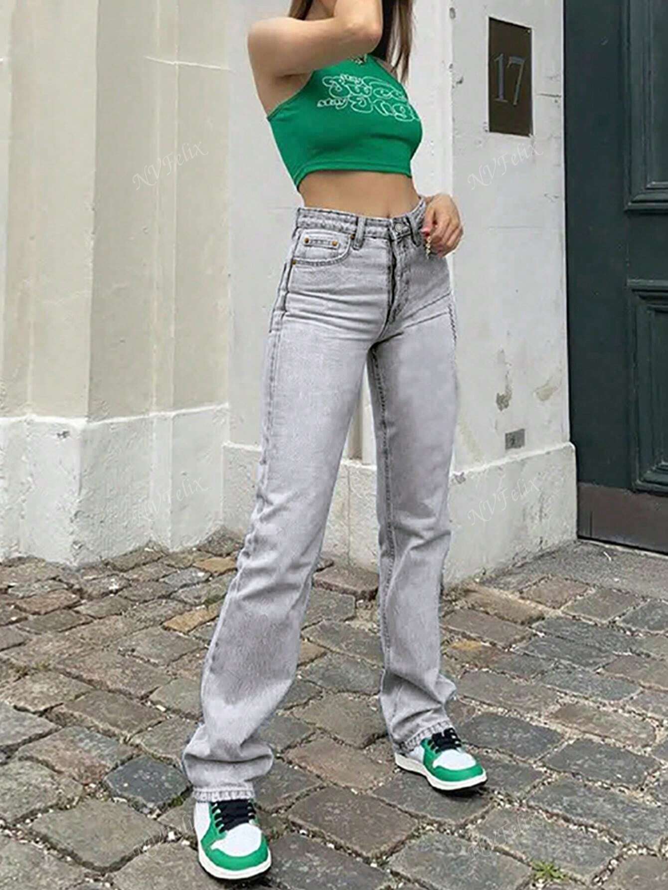 Hohe Taille Jeans Straight Leg Damen Modern