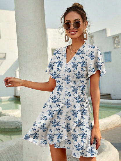 Rotes Sommerkleid mit Punkten Volants Kurz