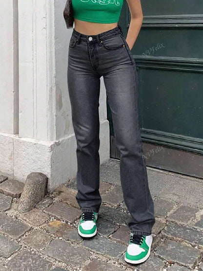 Hohe Taille Jeans Straight Leg Damen Modern