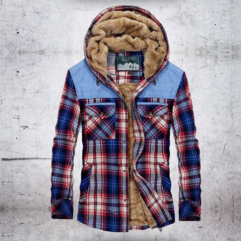 Herren Flanelljacke Warm mit Fleece Futter und Kapuze