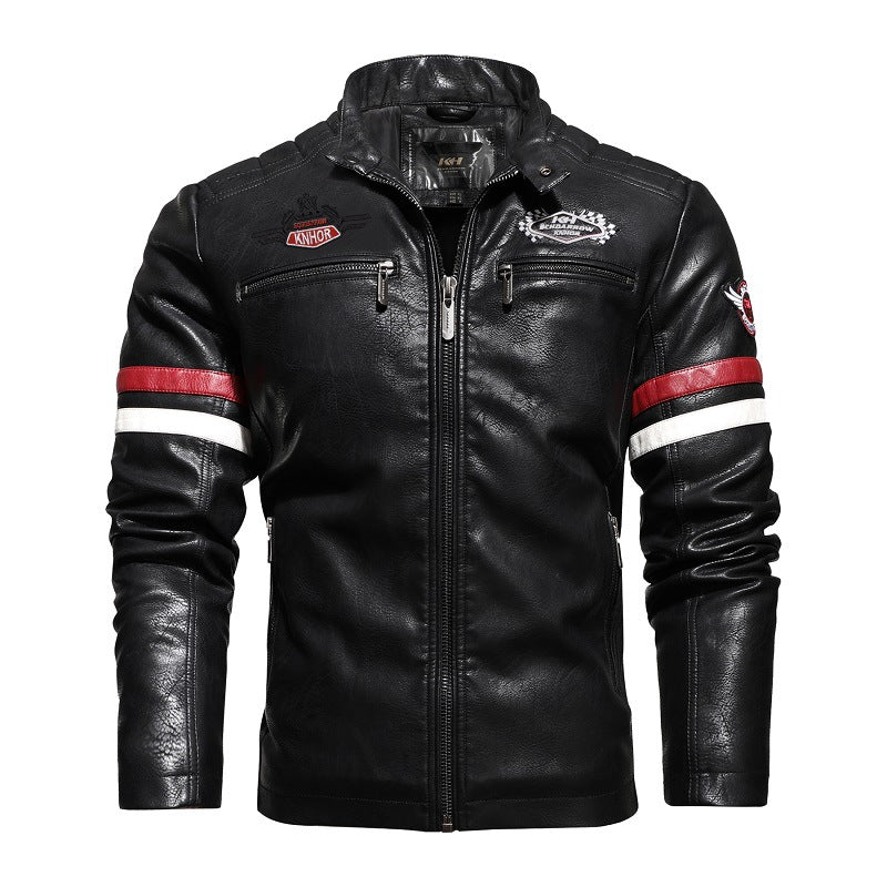Lederjacke Herren Retro Style Mit Patches Reißverschluss - BerlinGlamour