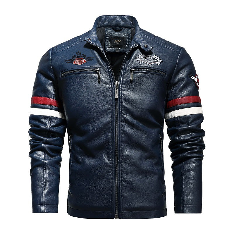 Lederjacke Herren Retro Style Mit Patches Reißverschluss