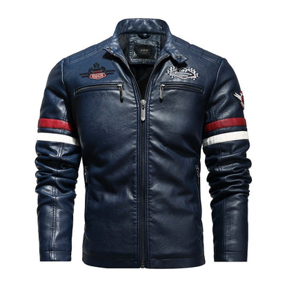 Lederjacke Herren Retro Style Mit Patches Reißverschluss
