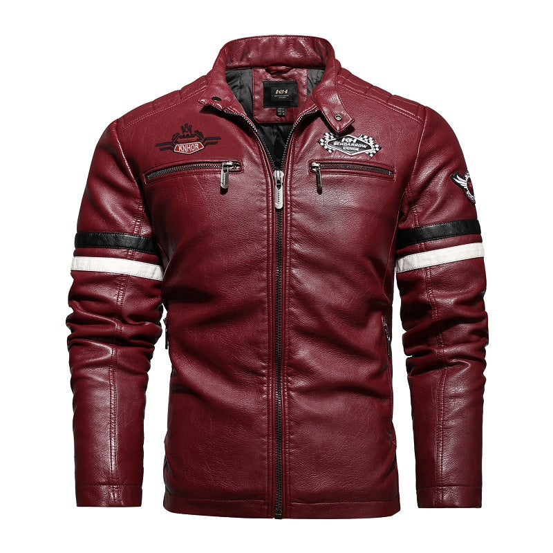 Lederjacke Herren Retro Style Mit Patches Reißverschluss