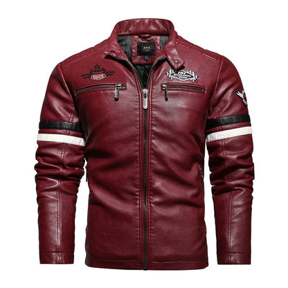 Lederjacke Herren Retro Style Mit Patches Reißverschluss