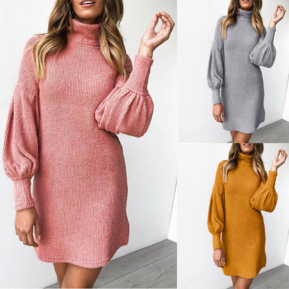 Damen Rippstrick Kleid Kuschelig mit Puffärmeln und Hochkragen - BerlinGlamour