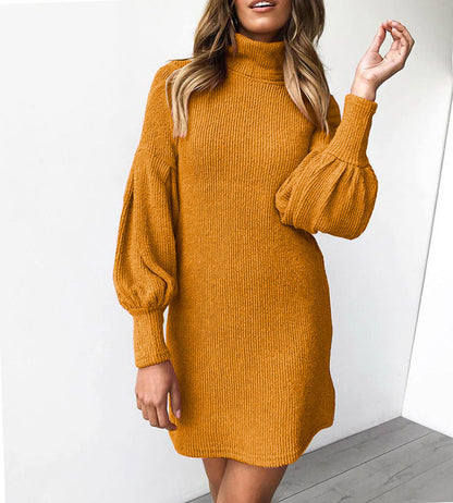 Damen Rippstrick Kleid Kuschelig mit Puffärmeln und Hochkragen