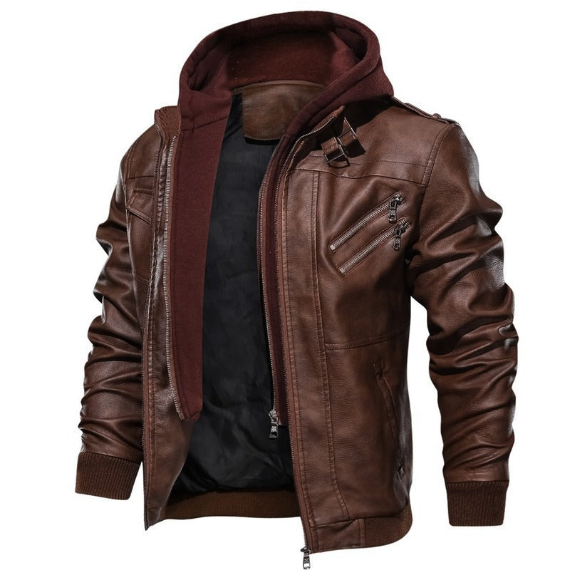 Herren Lederjacke mit Kapuze und Reißverschlusstaschen schwarz
