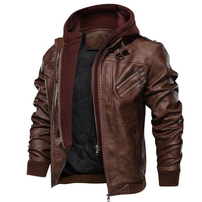 Herren Lederjacke mit Kapuze und Reißverschlusstaschen schwarz