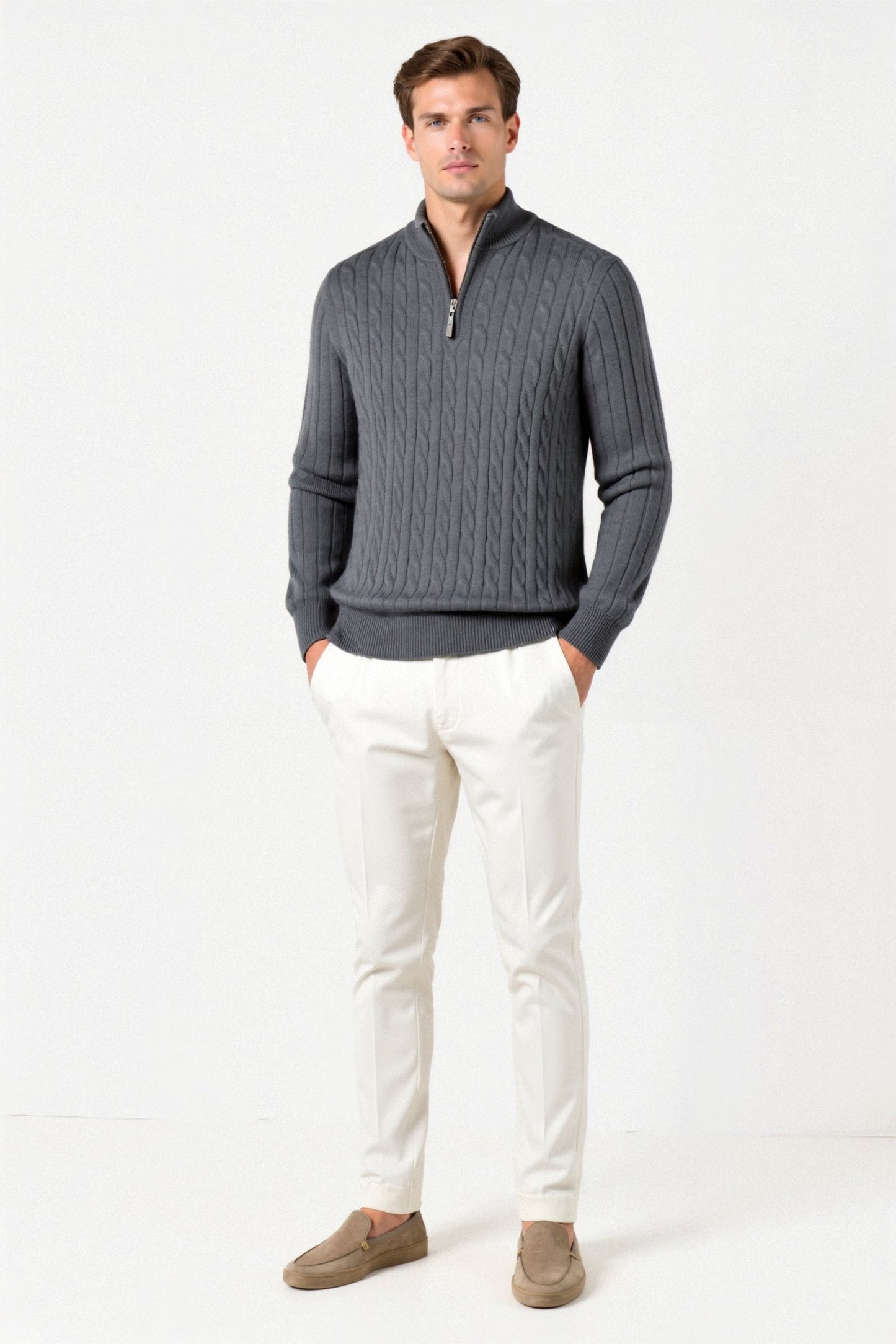Strickpullover Zopfmuster mit Reißverschluss Damengröße