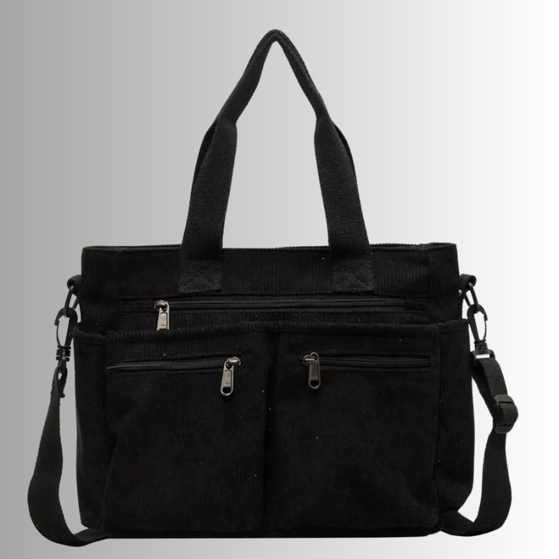Schwarze Cord Tasche mit langem Schulterriemen