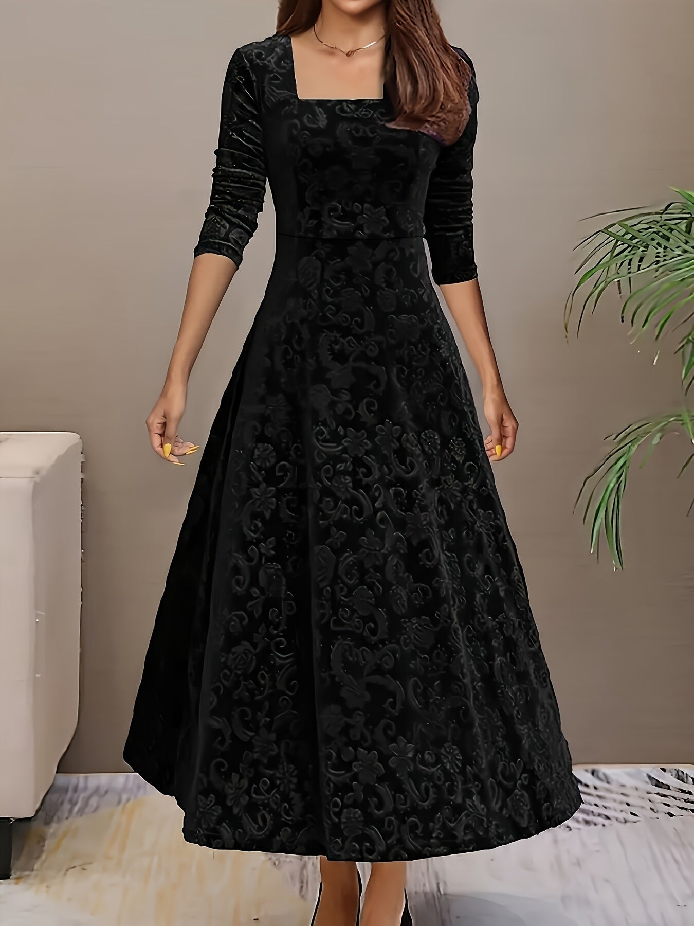 Elegantes Damen-Kleid Floral Samt Abendkleid