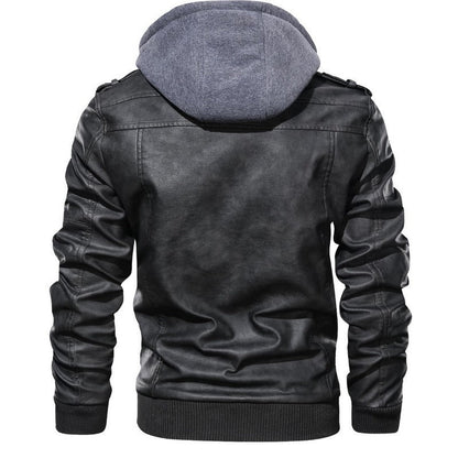 Herren Lederjacke mit Kapuze und Reißverschlusstaschen schwarz