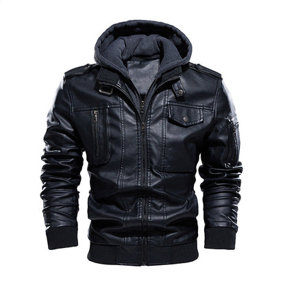 Herren Lederjacke Kunstleder mit Kapuze Modern Schwarz