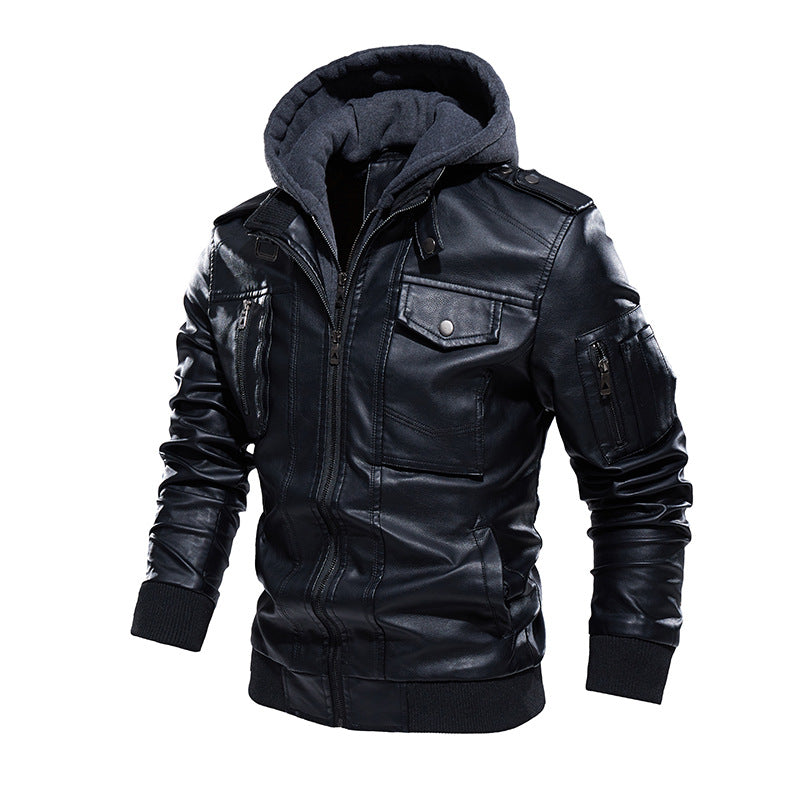 Herren Lederjacke Kunstleder mit Kapuze Modern Schwarz