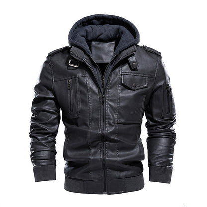 Herren Lederjacke Kunstleder mit Kapuze Modern Schwarz