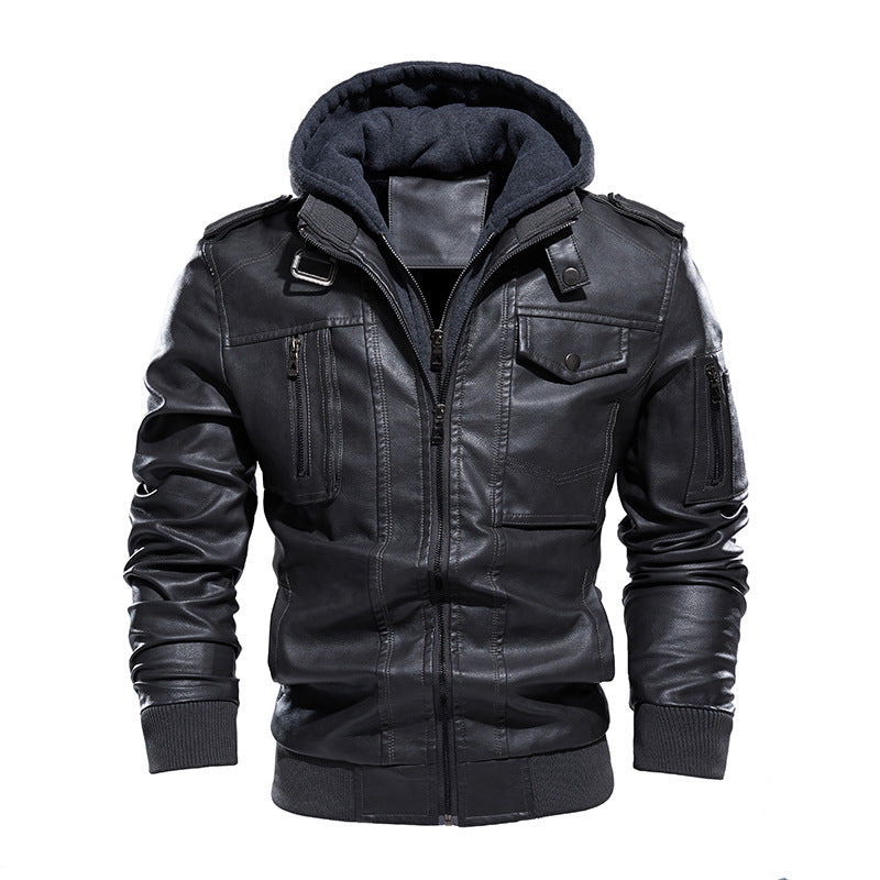 Herren Lederjacke Kunstleder mit Kapuze Modern Schwarz