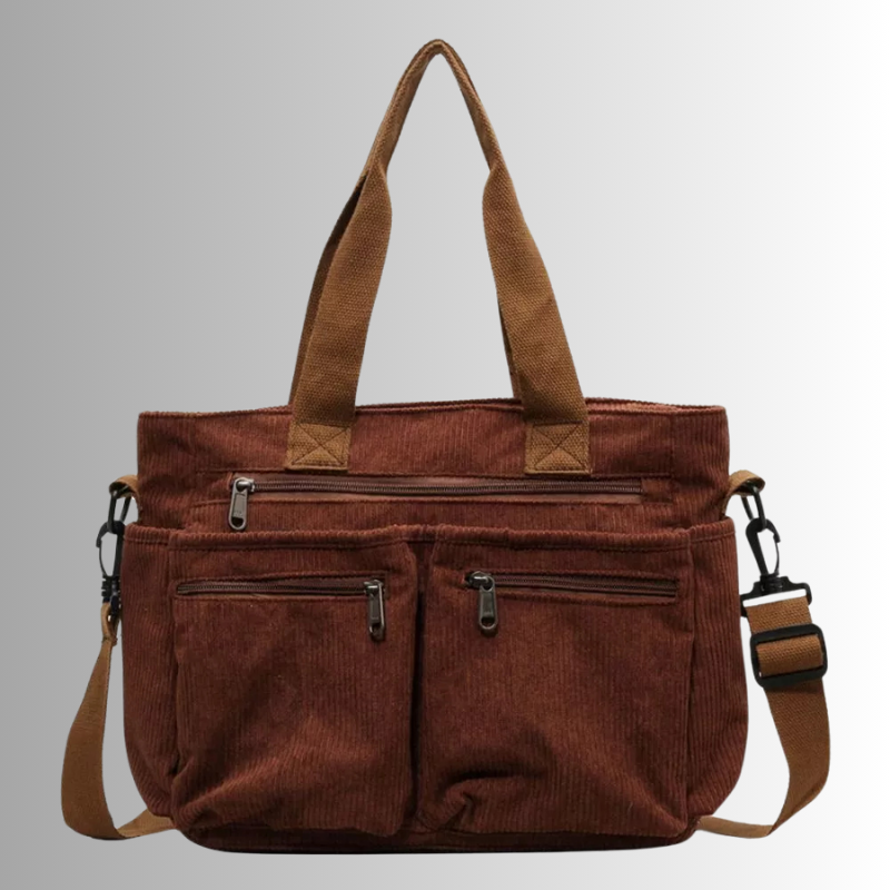 Braune Cord-Handtasche mit Reißverschlüssen