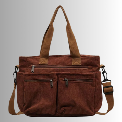 Braune Cord-Handtasche mit Reißverschlüssen