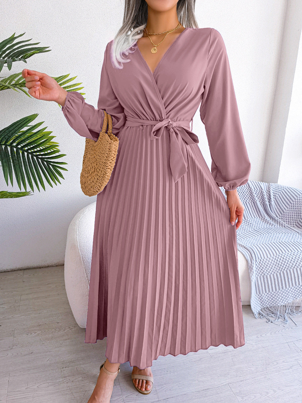 Elegantes Maxikleid Damen Plissee Gürtel Langkleid Schwarz
