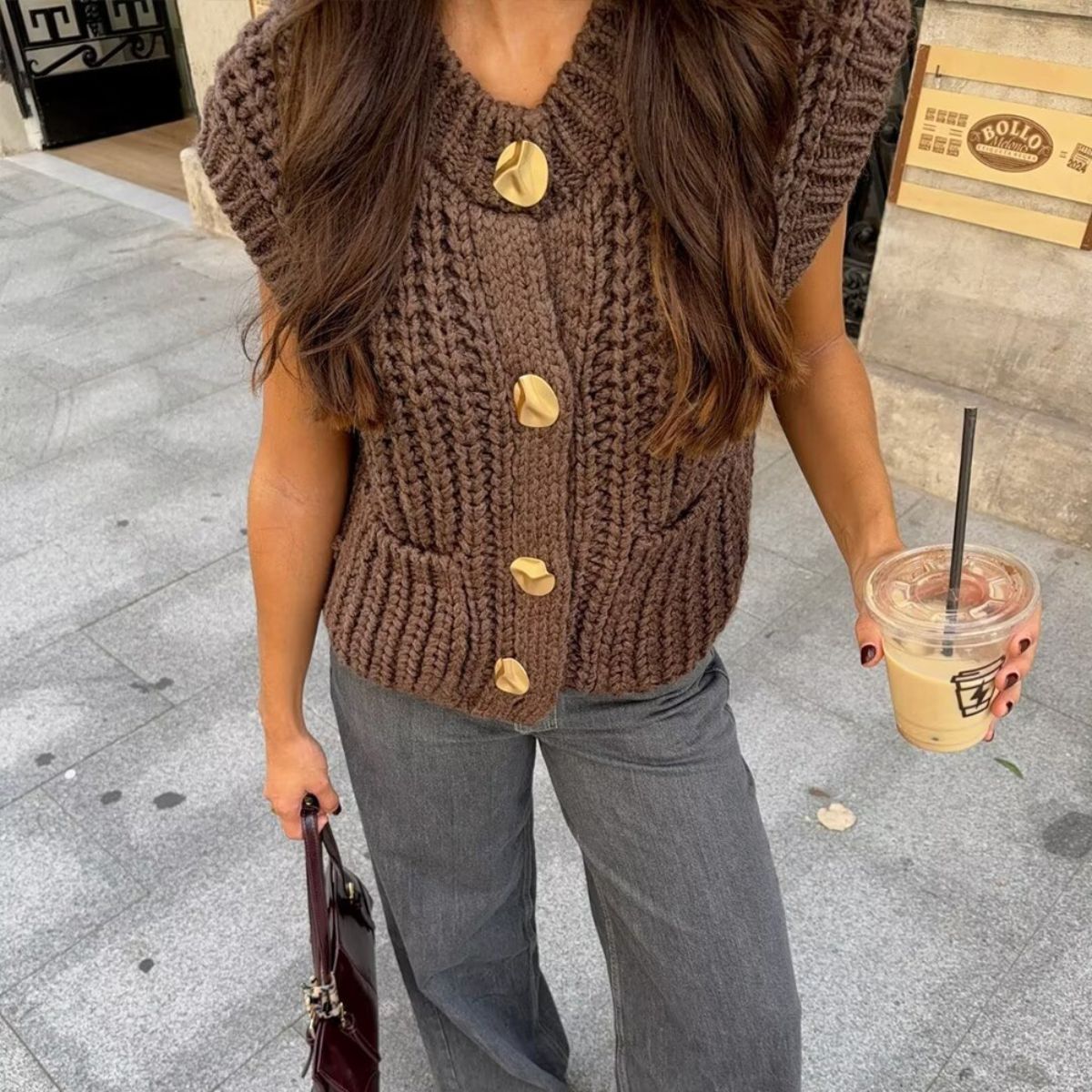 Strickweste Damen Ärmellos Goldknöpfe Modern