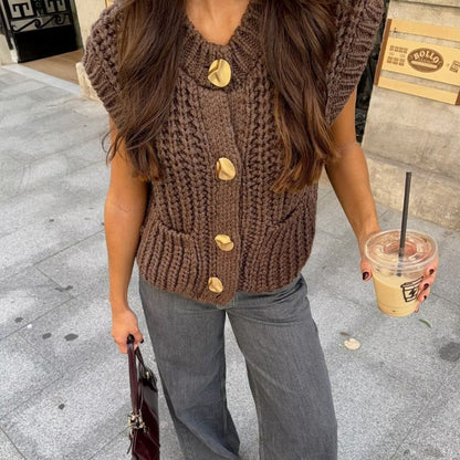 Strickweste Damen Ärmellos Goldknöpfe Modern