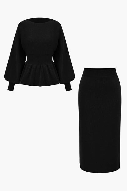 Elegantes Strick-Set Damen Peplum-Top und Bleistiftrock
