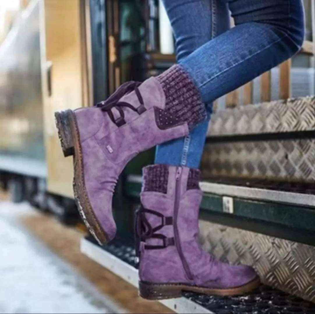 Damen Stiefel Strickkragen Schnürsystem Wintermode - BerlinGlamour