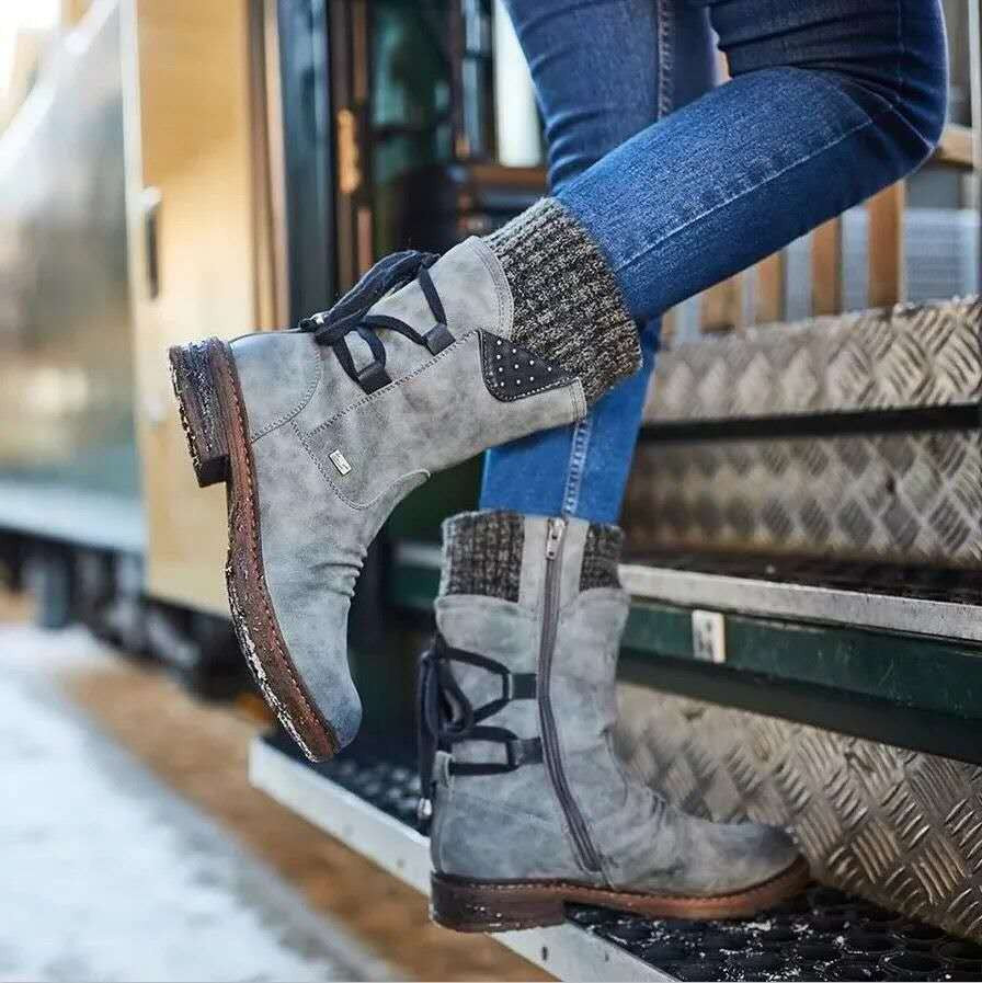 Damen Stiefel Strickkragen Schnürsystem Wintermode