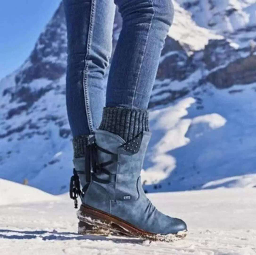 Damen Stiefel Strickkragen Schnürsystem Wintermode