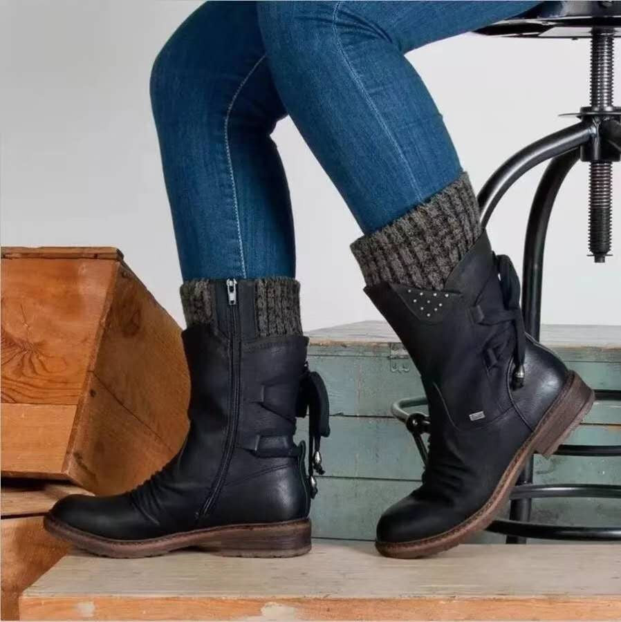 Damen Stiefel Strickkragen Schnürsystem Wintermode