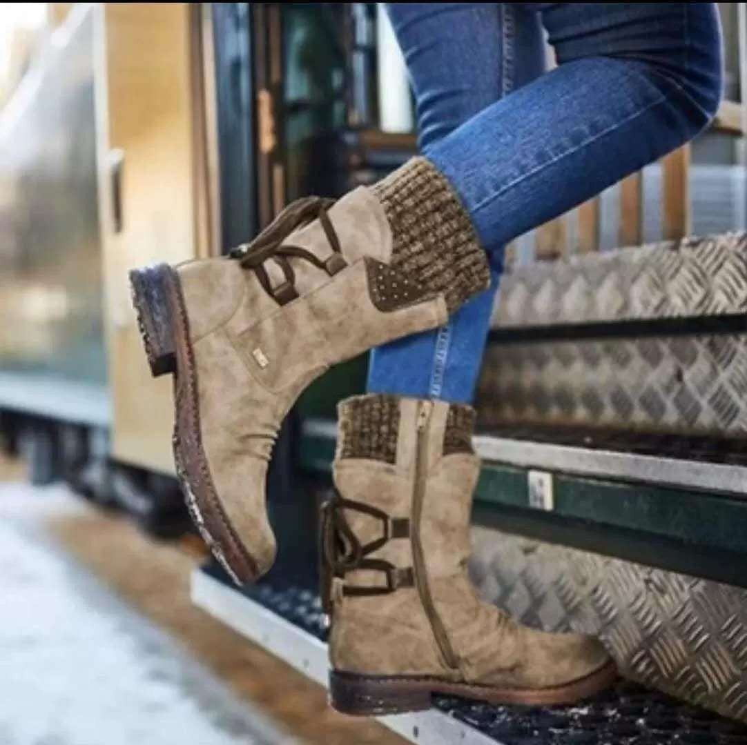 Damen Stiefel Strickkragen Schnürsystem Wintermode
