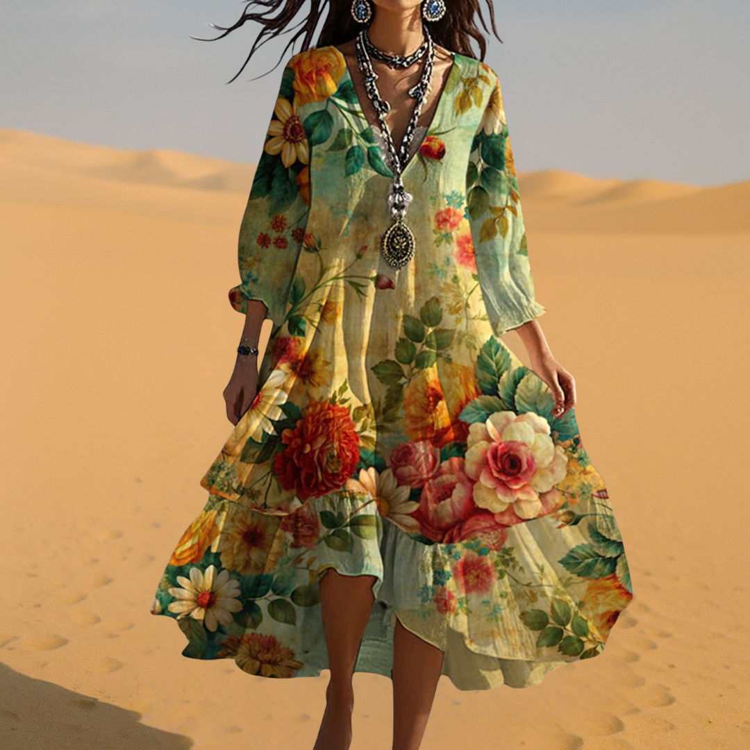 Damen Sommerkleid Boho Vintage V-Ausschnitt Kleid
