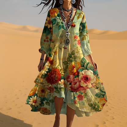 Damen Sommerkleid Boho Vintage V-Ausschnitt Kleid