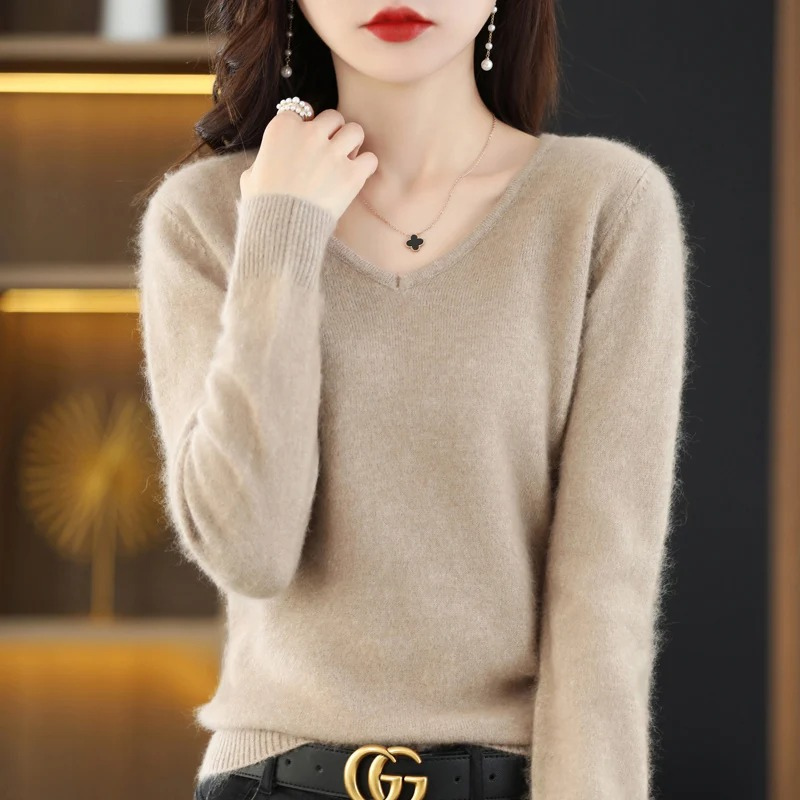 Damen Pullover V-Ausschnitt Weich Leichter Strick