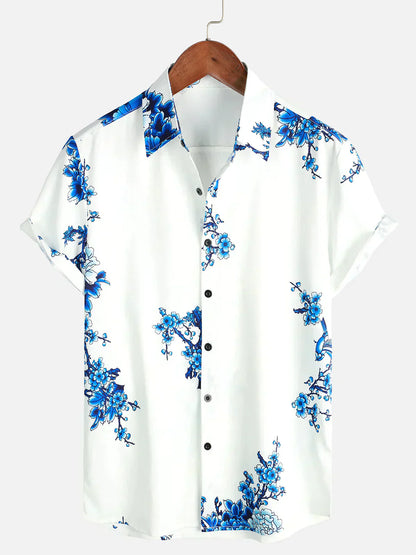 Sommerhemd Weiß Floral Kurzarm Hemd für Männer