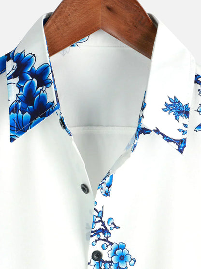 Sommerhemd Weiß Floral Kurzarm Hemd für Männer