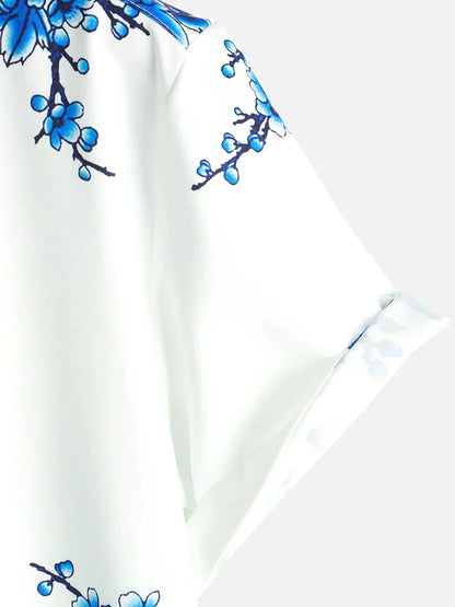 Sommerhemd Weiß Floral Kurzarm Hemd für Männer
