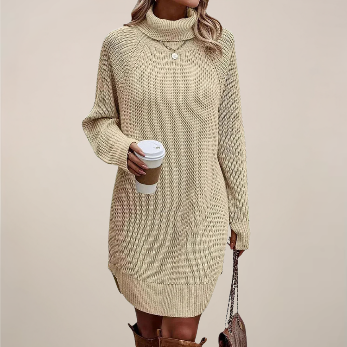 Damen Rollkragen Pulloverkleid Langarm Warm